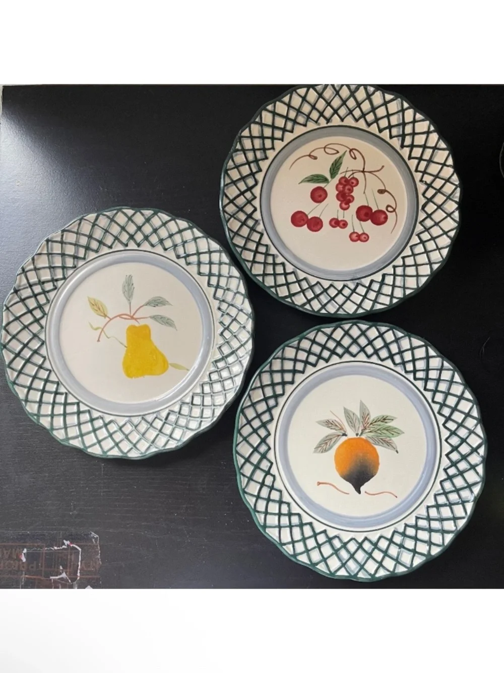 Royal Norfolk Fruit Dessert Plates Set of 3 Lattice Rim Cherry Pear Peach Cerami
